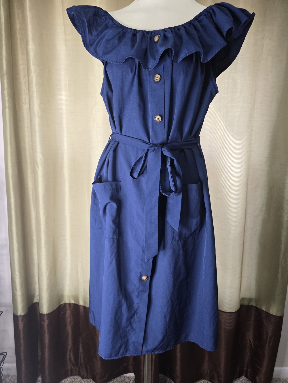 Off-Shoulder Royal Blue Midi Dress with Tie Waist